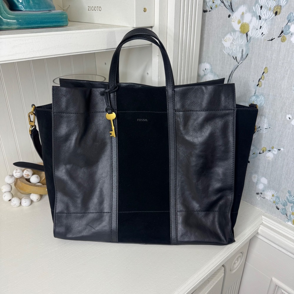 Fossil Carmen Shopper Tote Bag Black Leather Suede Large Crossbody Handbag